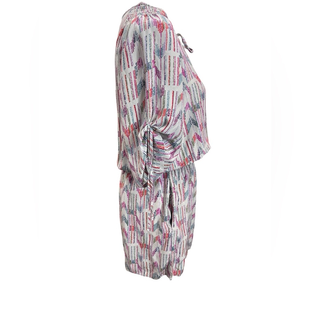 Parker 100% Silk Chevron Print Mini Dress M Pink Gray Keyhole Boho Festival - Picture 4 of 11